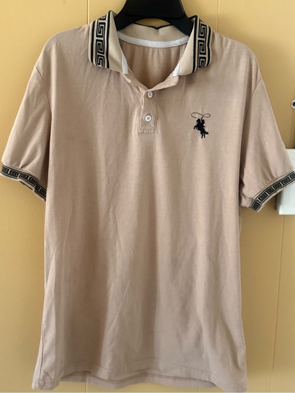 SHEIN Beige Polo with Black Greek Key Trim
